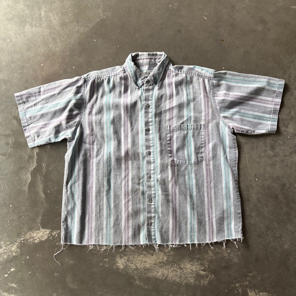 Vintage Blazer Mens XL Striped Short Sleeve Raw Hem Button Up Shirt Gray Blue